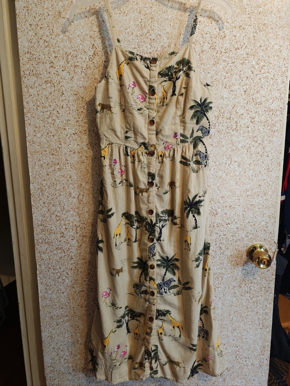 Cute Safari Print Linen Button Down Sundress With Smocking Women XS